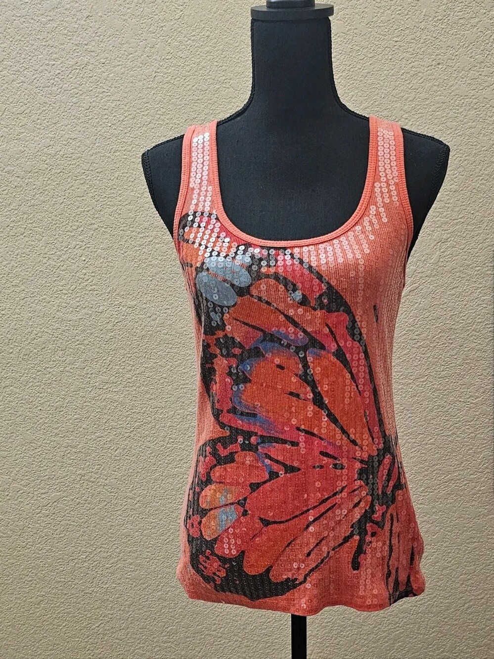 Almost Famous Coral Sequin Butterfly Tank